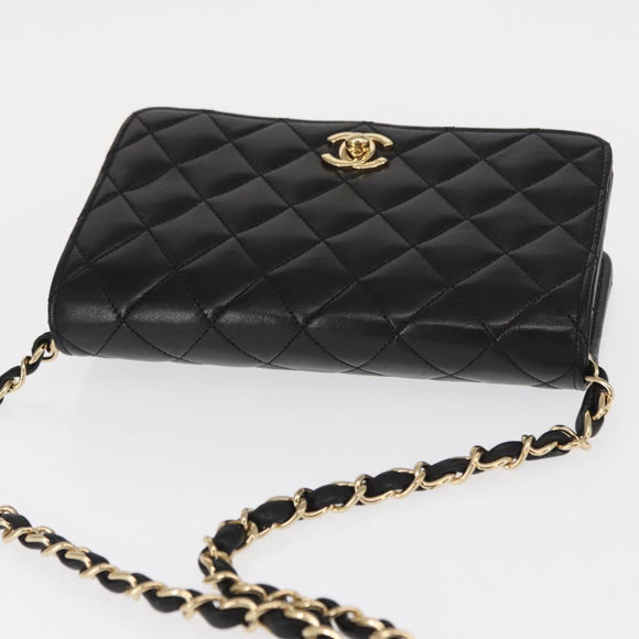 CHANEL Matelasse Chain Shoulder Bag Lamb Skin Black Gold CC Auth 157999SAV