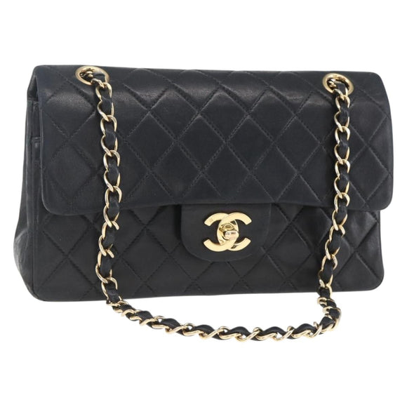 CHANEL Matelasse 23 Chain Shoulder Bag Lamb Skin Black Gold CC Auth 158007SAV