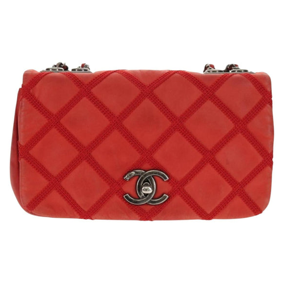 CHANEL Matelasse Chain Shoulder Bag Leather Red CC Auth 158008V