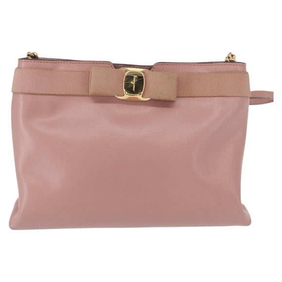Salvatore Ferragamo Chain Vala Shoulder Bag Leather 2way Pink Gold Auth 158017