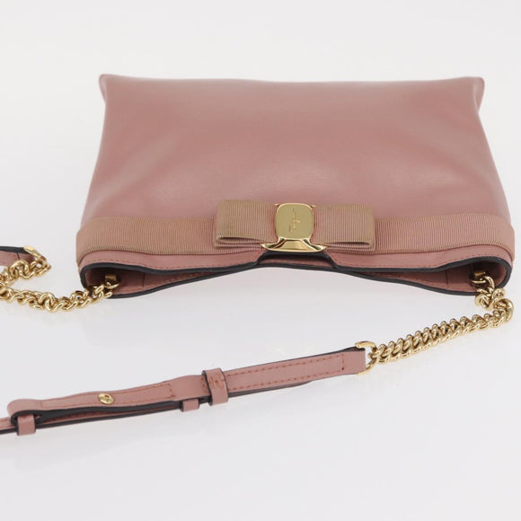Salvatore Ferragamo Chain Vala Shoulder Bag Leather 2way Pink Gold Auth 158017