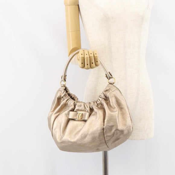 Salvatore Ferragamo Vala Hand Bag Leather Gold Auth 158040