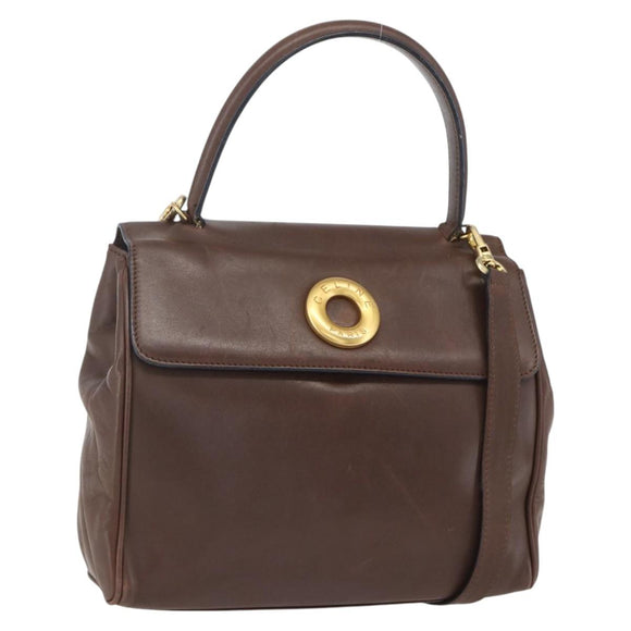 CELINE Circle Hand Bag Leather 2way Brown Gold Auth 158043