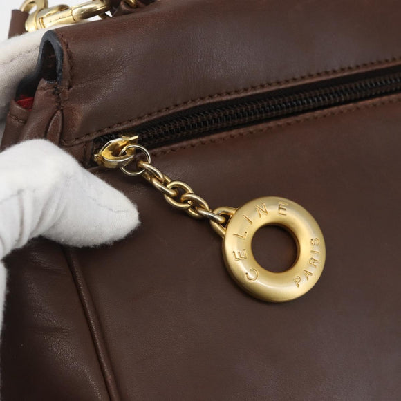 CELINE Circle Hand Bag Leather 2way Brown Gold Auth 158043