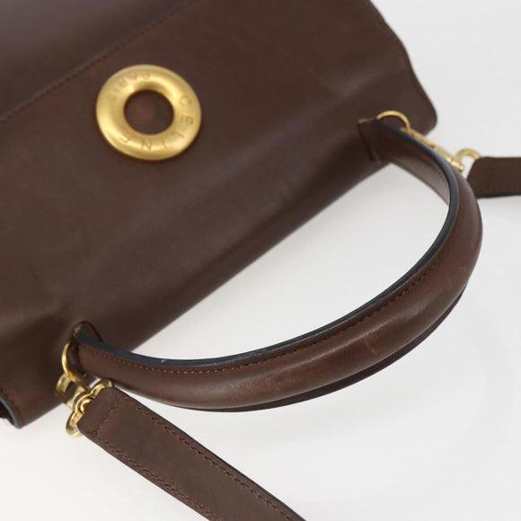 CELINE Circle Hand Bag Leather 2way Brown Gold Auth 158043