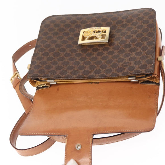 CELINE Macadam Canvas Horse Carriage Bag PVC Leather Brown Gold Auth 158075