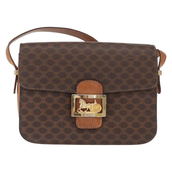 CELINE Macadam Canvas Horse Carriage Bag PVC Leather Brown Gold Auth 158075