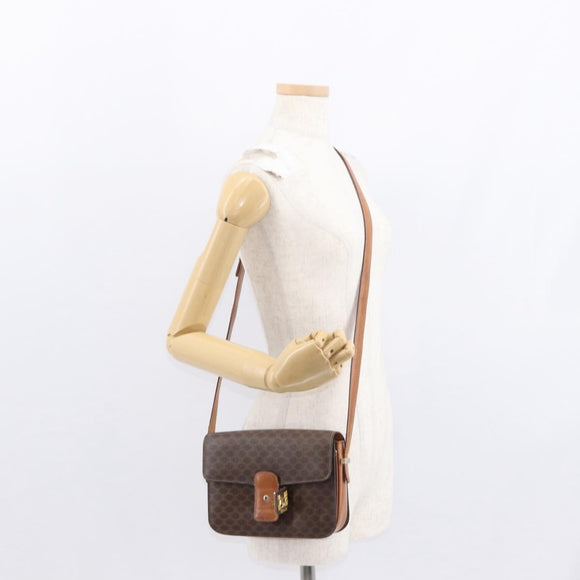 CELINE Macadam Canvas Horse Carriage Bag PVC Leather Brown Gold Auth 158075