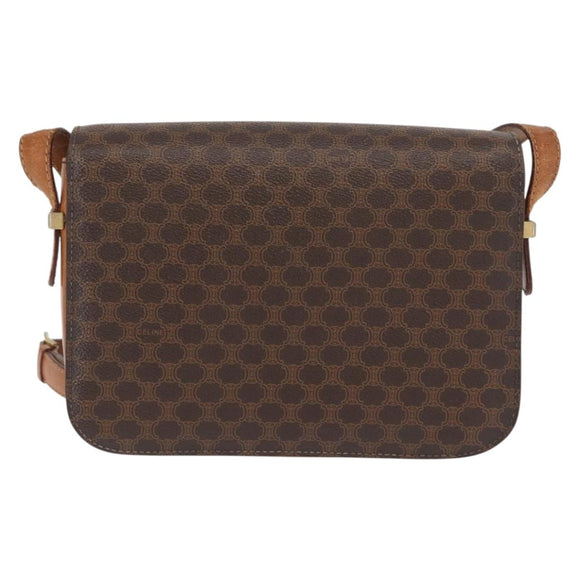 CELINE Macadam Canvas Horse Carriage Bag PVC Leather Brown Gold Auth 158075