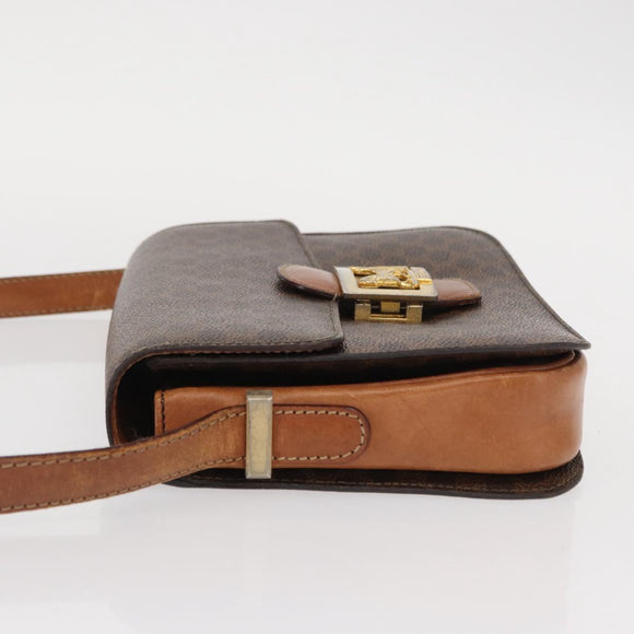 CELINE Macadam Canvas Horse Carriage Bag PVC Leather Brown Gold Auth 158075