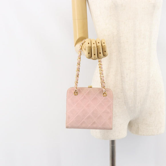 CHANEL Matelasse Chain Hand Bag Suede Pink Gold CC Auth 158088