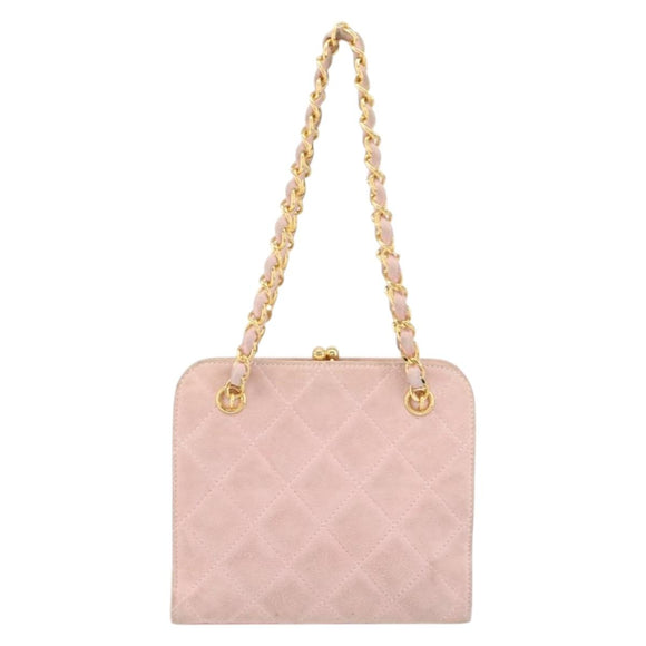 CHANEL Matelasse Chain Hand Bag Suede Pink Gold CC Auth 158088