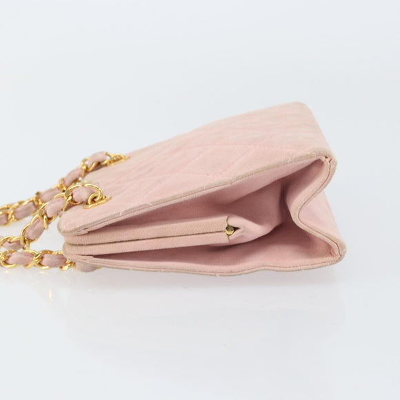 CHANEL Matelasse Chain Hand Bag Suede Pink Gold CC Auth 158088