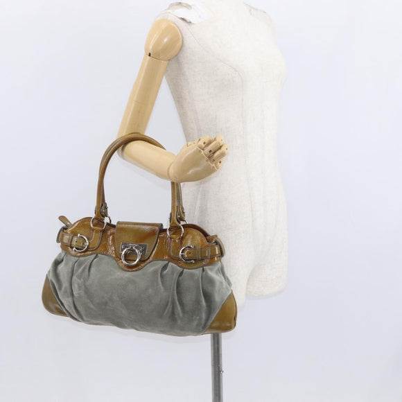 Salvatore Ferragamo Gancini Handtasche Wildleder Grün Silber Neu Original 158089