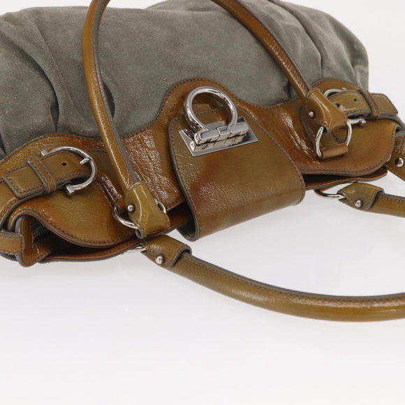 Salvatore Ferragamo Gancini Handtasche Wildleder Grün Silber Neu Original 158089