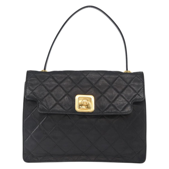 CHANEL Matelasse Hand Bag Lamb Skin Black Gold CC Auth 158090