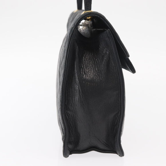 CHANEL Matelasse Hand Bag Lamb Skin Black Gold CC Auth 158090