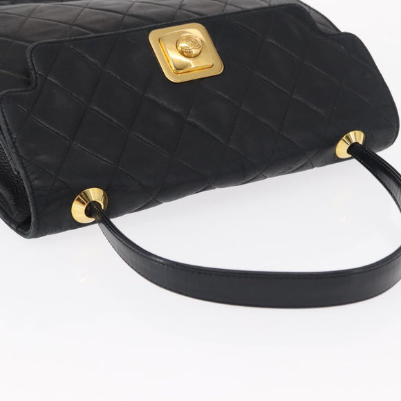 CHANEL Matelasse Hand Bag Lamb Skin Black Gold CC Auth 158090