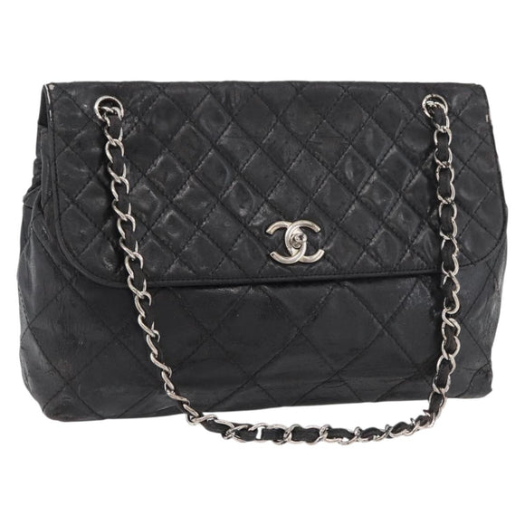 CHANEL Matelasse Chain Shoulder Bag Patent leather Black Silver CC Auth 158095