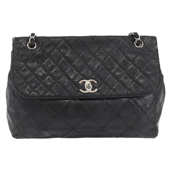 CHANEL Matelasse Chain Shoulder Bag Patent leather Black Silver CC Auth 158095