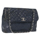 CHANEL Matelasse Chain Shoulder Bag Patent leather Navy Silver CC Auth 158096-1