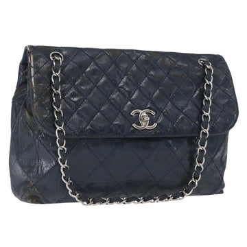 CHANEL Matelasse Chain Shoulder Bag Patent leather Navy Silver CC Auth 158096