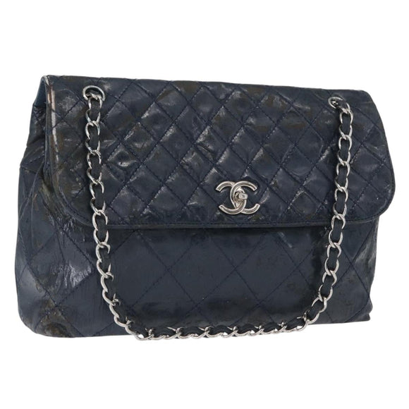 CHANEL Matelasse Chain Shoulder Bag Patent leather Navy Silver CC Auth 158096