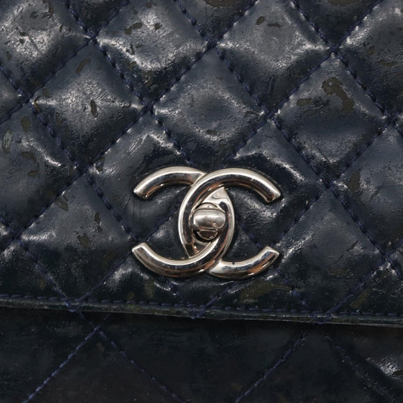 CHANEL Matelasse Chain Shoulder Bag Patent leather Navy Silver CC Auth 158096