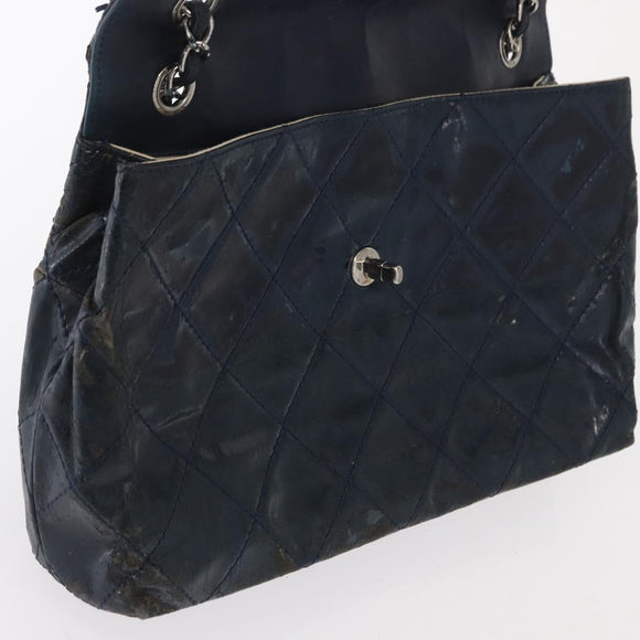 CHANEL Matelasse Chain Shoulder Bag Patent leather Navy Silver CC Auth 158096