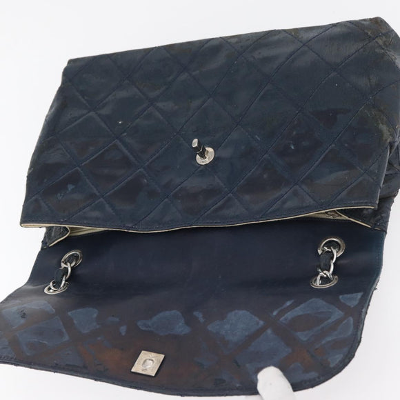 CHANEL Matelasse Chain Shoulder Bag Patent leather Navy Silver CC Auth 158096