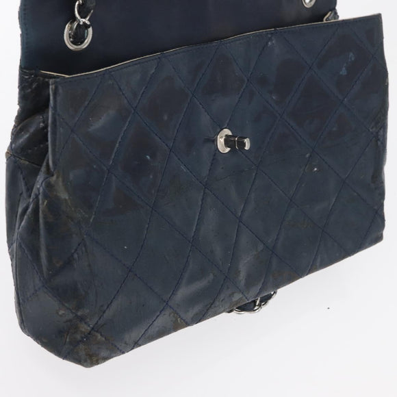 CHANEL Matelasse Chain Shoulder Bag Patent leather Navy Silver CC Auth 158096