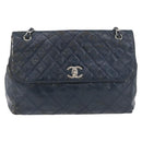 CHANEL Matelasse Chain Shoulder Bag Patent leather Navy Silver CC Auth 158096-13
