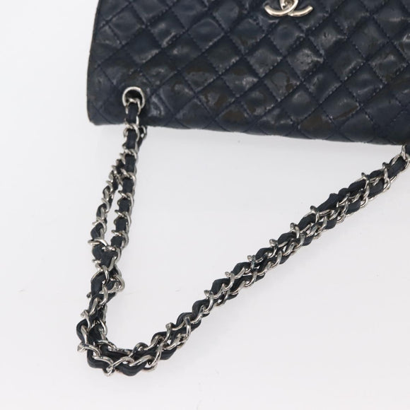 CHANEL Matelasse Chain Shoulder Bag Patent leather Navy Silver CC Auth 158096