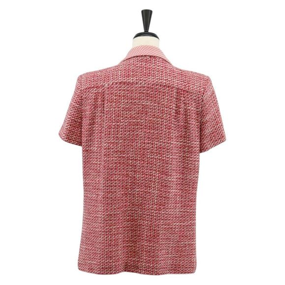 CHANEL COCO Button Wool Short Sleeve Jacket Tweed Red CC Auth 158107M