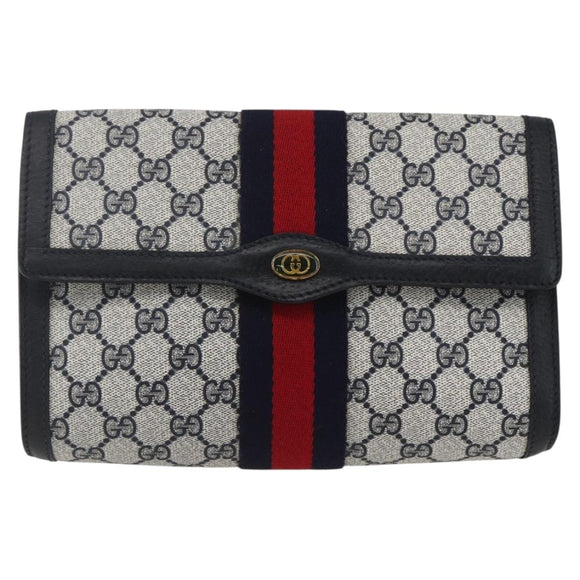 GUCCI GG Supreme Sherry Line Clutch Bag PVC Navy Gold 89 01 006 Auth 158113