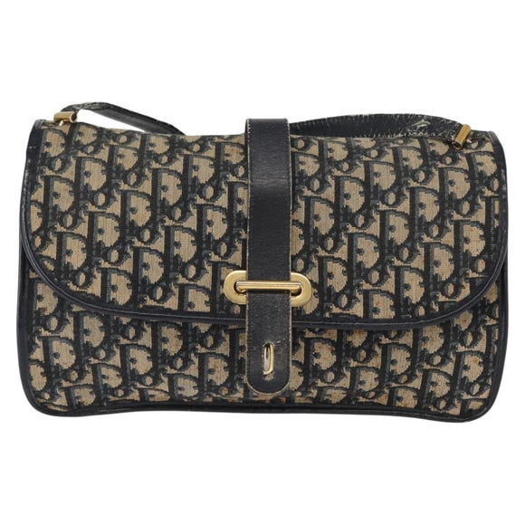 Christian Dior Trotter Canvas Shoulder Bag Navy Gold Auth 158114