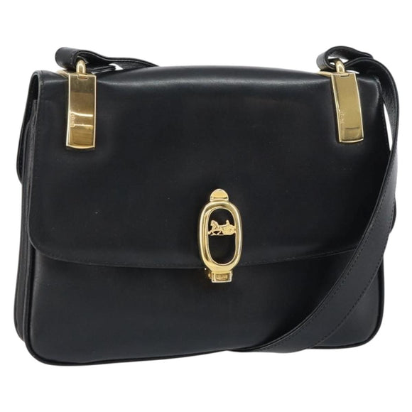 CELINE Horse Carriage Shoulder Bag Leather Black Gold Auth 158123
