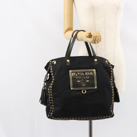 PRADA Tote Bag Nylon Black Gold Auth 158129