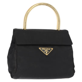 PRADA Hand Bag Nylon Black gold Auth 158131