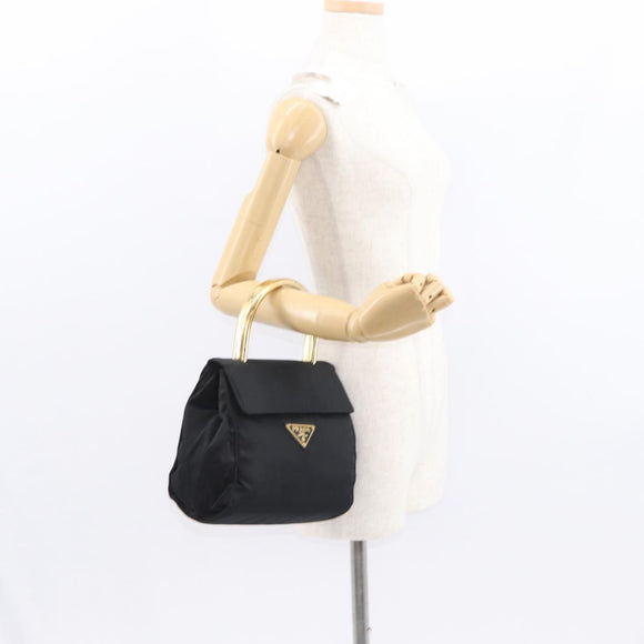 PRADA Hand Bag Nylon Black gold Auth 158131