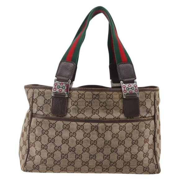 GUCCI GG Canvas Web Sherry Line Tote Bag Beige Green Red 115810 Auth 158134
