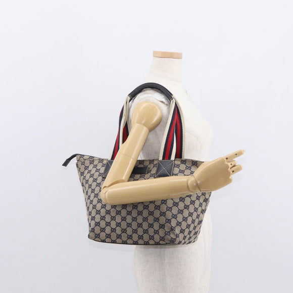 GUCCI GG Canvas Sherry Line Tote Bag Navy 131230 Auth 158147