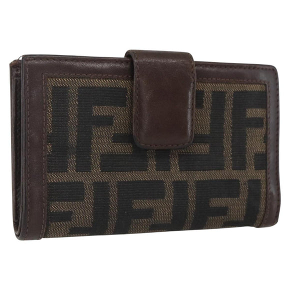 FENDI Zucca Canvas Compact Wallet Black Brown Silver Auth 158172