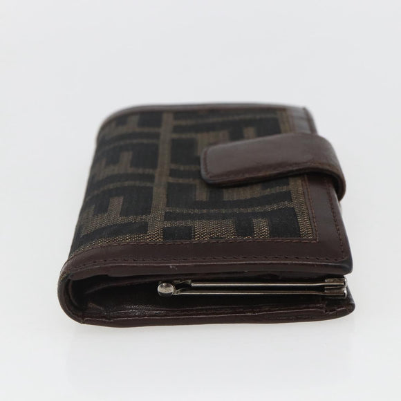 FENDI Zucca Canvas Compact Wallet Black Brown Silver Auth 158172
