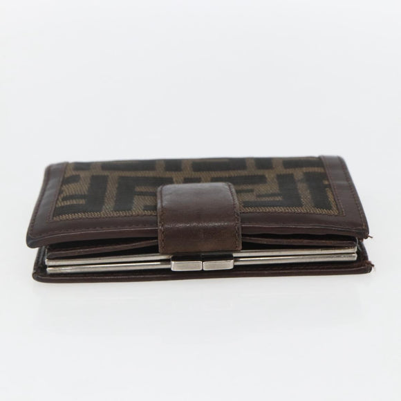 FENDI Zucca Canvas Compact Wallet Black Brown Silver Auth 158172