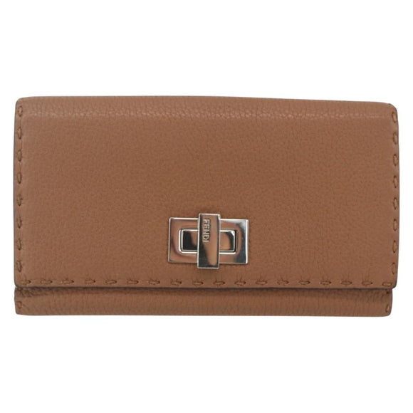 FENDI Celeria Long Wallet Leather Brown Silver Auth 158173