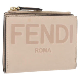 FENDI Compact Wallet Leather Beige Gold Auth 158178A