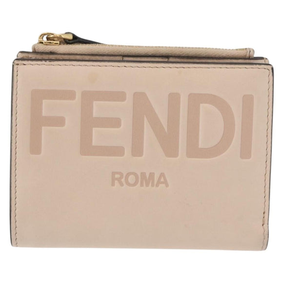 FENDI Compact Wallet Leather Beige Gold Auth 158178A