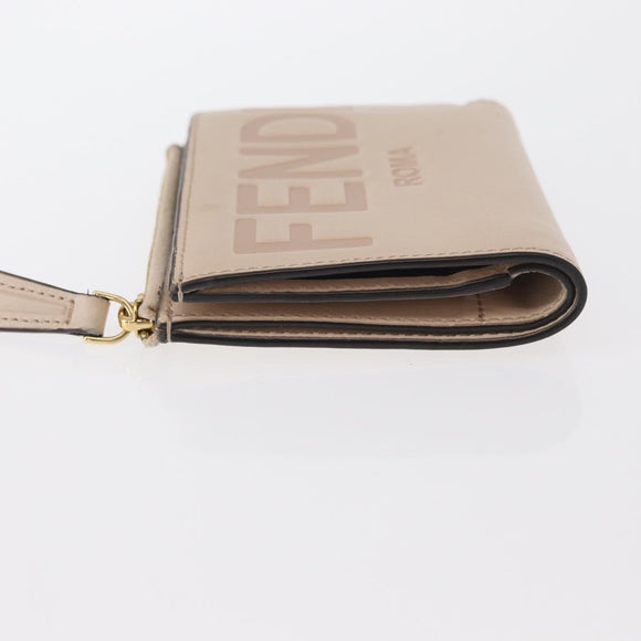 FENDI Compact Wallet Leather Beige Gold Auth 158178A