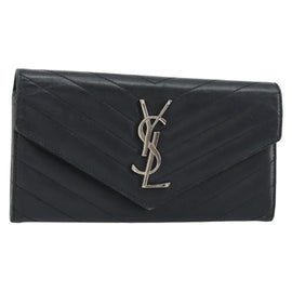 SAINT LAURENT Cassandra Long Wallet Leather Black Silver Auth 158181